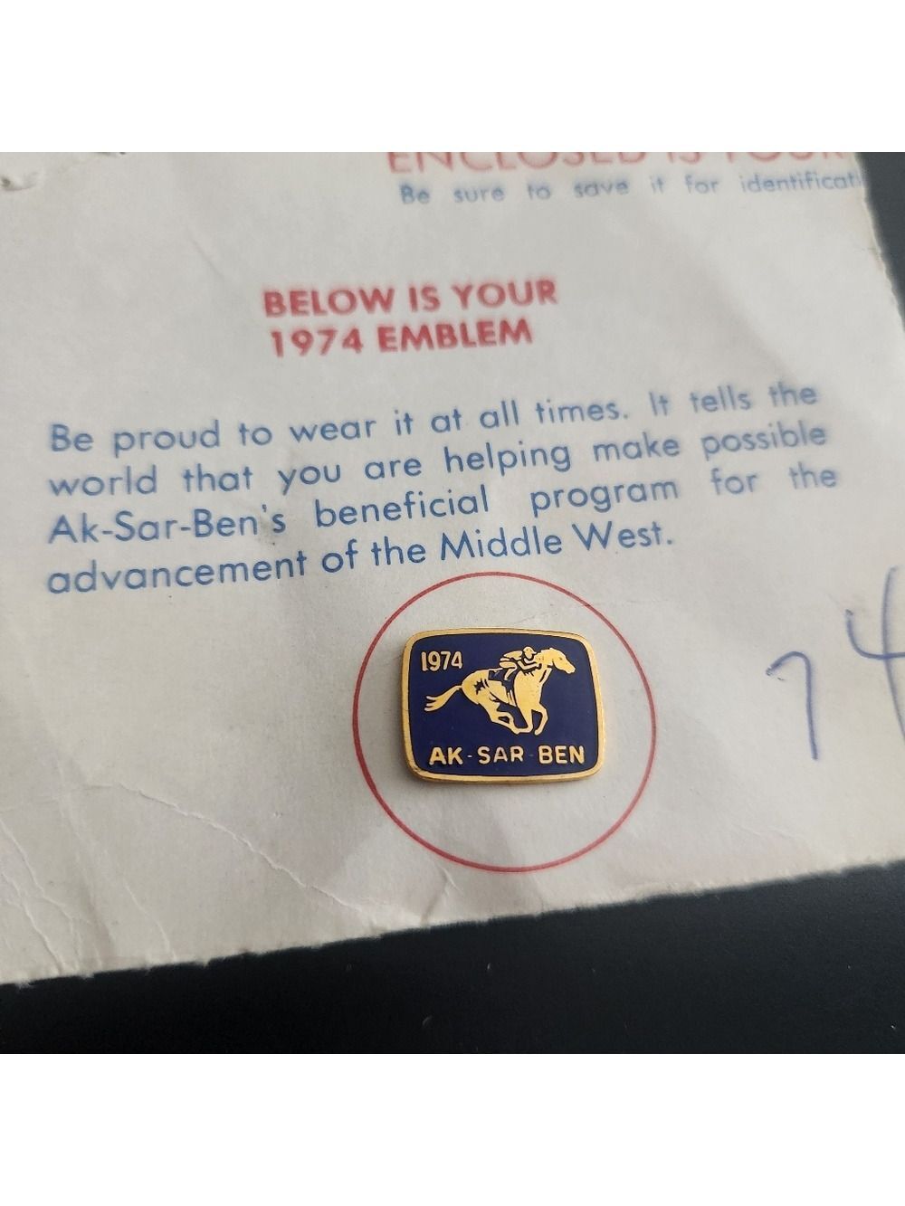 NWT 1974 Aksarben Ak-Sar-Ben Membership Lapel Pin Omaha Nebraska NE